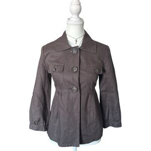 Y2K “RW&CO” Brown Linen Button-up Peacoat Style Pleated Blouse